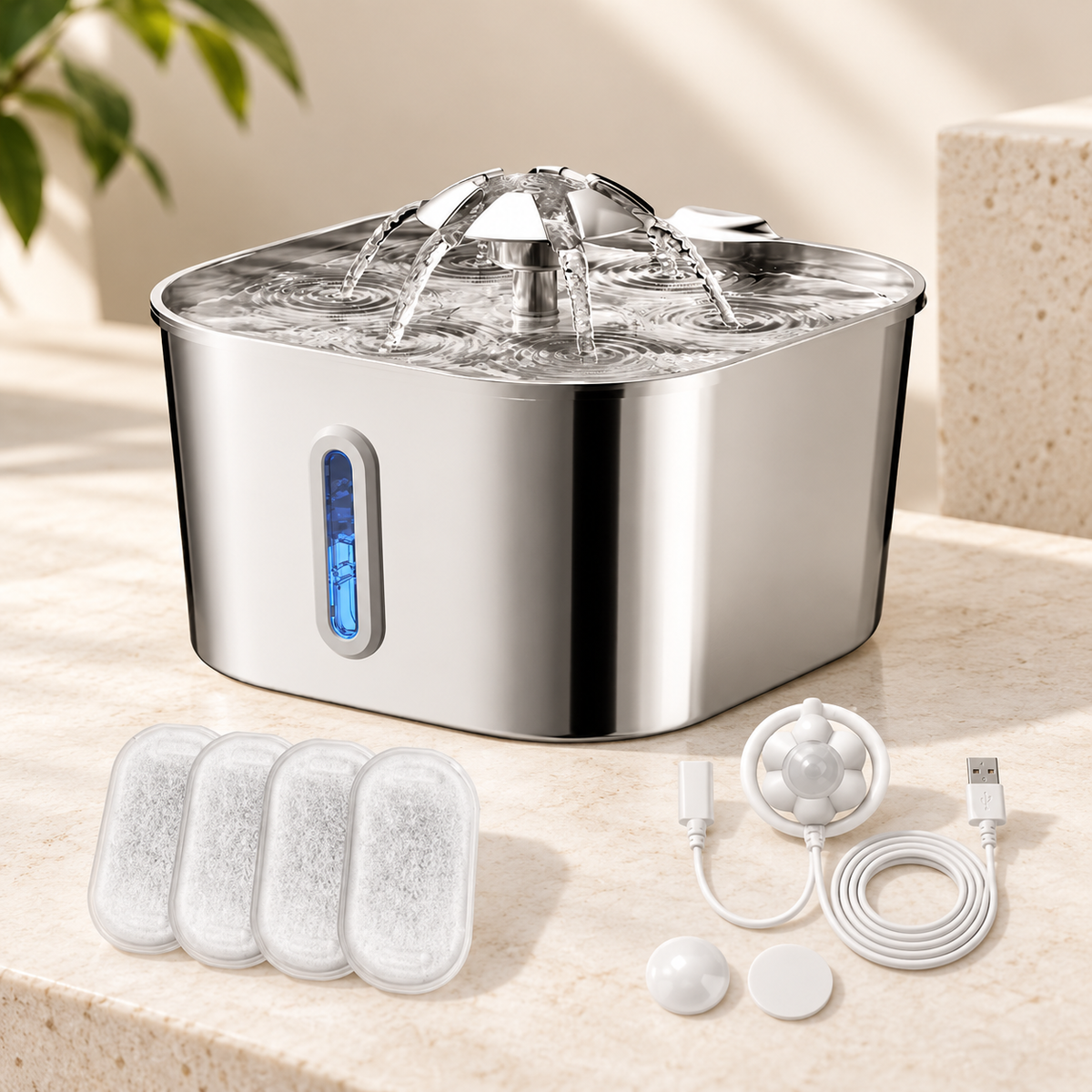 Fontaine à eau en inox pour chat 2,2 L avec fenêtre de niveau – photo 6